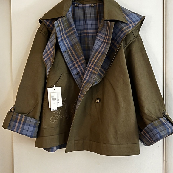 Olive Trench Coat with Blue Plaid Accent - Picture 4 of 6